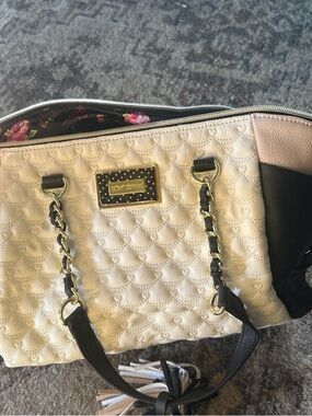 Betsey Johnson Cream Quilted Shoulder Bag with Black Trim